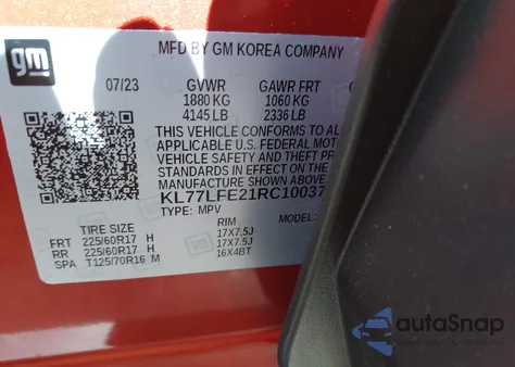 2024 Chevrolet Trax Fwd Sp z USA, uszkodzony, nr VIN KL77LFE21RC100376